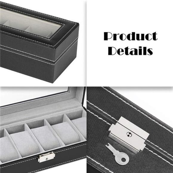 Mens Watch Box Organizer 6 Slot Display Case Black Glass Lid Jewelry Storage - Picture 5 of 7